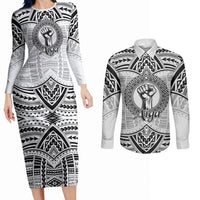 Aiga Samoa Raised Fist Couples Matching Long Sleeve Bodycon Dress and Long Sleeve Button Shirt Polynesian Tribal Tattoo Art Family Pride