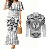 Aiga Samoa Raised Fist Couples Matching Mermaid Dress and Long Sleeve Button Shirt Polynesian Tribal Tattoo Art Family Pride