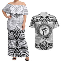 Aiga Samoa Raised Fist Couples Matching Off Shoulder Maxi Dress and Hawaiian Shirt Polynesian Tribal Tattoo Art Family Pride
