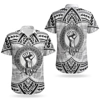 Aiga Samoa Raised Fist Couples Matching Off Shoulder Maxi Dress and Hawaiian Shirt Polynesian Tribal Tattoo Art Family Pride