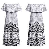Aiga Samoa Raised Fist Couples Matching Off Shoulder Maxi Dress and Hawaiian Shirt Polynesian Tribal Tattoo Art Family Pride