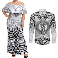 Aiga Samoa Raised Fist Couples Matching Off Shoulder Maxi Dress and Long Sleeve Button Shirt Polynesian Tribal Tattoo Art Family Pride