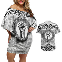 Aiga Samoa Raised Fist Couples Matching Off Shoulder Short Dress and Hawaiian Shirt Polynesian Tribal Tattoo Art Family Pride