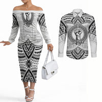 Aiga Samoa Raised Fist Couples Matching Off The Shoulder Long Sleeve Dress and Long Sleeve Button Shirt Polynesian Tribal Tattoo Art Family Pride