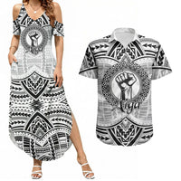 Aiga Samoa Raised Fist Couples Matching Summer Maxi Dress and Hawaiian Shirt Polynesian Tribal Tattoo Art Family Pride