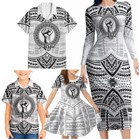 Aiga Samoa Raised Fist Family Matching Long Sleeve Bodycon Dress and Hawaiian Shirt Polynesian Tribal Tattoo Art Family Pride