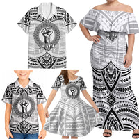 Aiga Samoa Raised Fist Family Matching Off Shoulder Maxi Dress and Hawaiian Shirt Polynesian Tribal Tattoo Art Family Pride