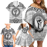 Aiga Samoa Raised Fist Family Matching Off Shoulder Short Dress and Hawaiian Shirt Polynesian Tribal Tattoo Art Family Pride