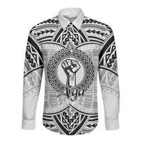 Aiga Samoa Raised Fist Long Sleeve Button Shirt Polynesian Tribal Tattoo Art Family Pride