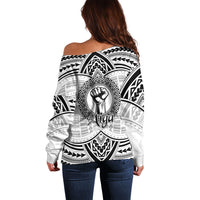 Aiga Samoa Raised Fist Off Shoulder Sweater Polynesian Tribal Tattoo Art Family Pride