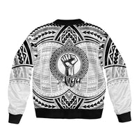 Aiga Samoa Raised Fist Sleeve Zip Bomber Jacket Polynesian Tribal Tattoo Art Family Pride