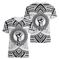 Aiga Samoa Raised Fist Women V-Neck T-Shirt Polynesian Tribal Tattoo Art Family Pride
