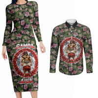 Samoa Aiga Polynesian Couples Matching Long Sleeve Bodycon Dress and Long Sleeve Button Shirt Tropical Floral Hibiscus Pattern Island Heritage