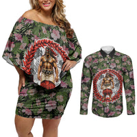 Samoa Aiga Polynesian Couples Matching Off Shoulder Short Dress and Long Sleeve Button Shirt Tropical Floral Hibiscus Pattern Island Heritage