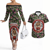 Samoa Aiga Polynesian Couples Matching Off The Shoulder Long Sleeve Dress and Hawaiian Shirt Tropical Floral Hibiscus Pattern Island Heritage