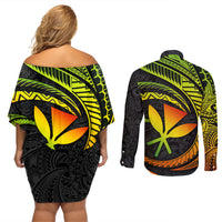 Hawaii Kanaka Maoli Couples Matching Off Shoulder Short Dress and Long Sleeve Button Shirts Polynesian Tornado Infusion Gradient TS04 - Polynesian Pride