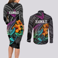 Hawaii Polynesian Couples Matching Long Sleeve Bodycon Dress and Long Sleeve Button Shirt with Tribal Hammerhead Sharks and Hibiscus Black TS04 - Polynesian Pride