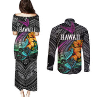 Hawaii Polynesian Couples Matching Puletasi Dress and Long Sleeve Button Shirt with Tribal Hammerhead Sharks and Hibiscus Black TS04 - Polynesian Pride
