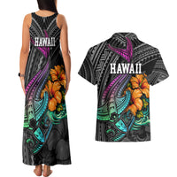 Hawaii Polynesian Couples Matching Tank Maxi Dress and Hawaiian Shirt with Tribal Hammerhead Sharks and Hibiscus Black TS04 - Polynesian Pride