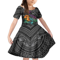 Hawaii Polynesian Family Matching Mermaid Dress and Hawaiian Shirt with Tribal Hammerhead Sharks and Hibiscus Black TS04 Daughter's Dress Black - Polynesian Pride