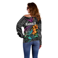 Hawaii Polynesian Off Shoulder Sweater with Tribal Hammerhead Sharks and Hibiscus Black TS04 - Polynesian Pride