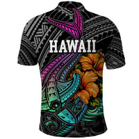 Hawaii Polynesian Polo Shirt with Tribal Hammerhead Sharks and Hibiscus Black TS04 - Polynesian Pride