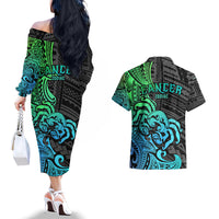 Zodiac Cancer Couples Matching Off The Shoulder Long Sleeve Dress and Hawaiian Shirt Polynesian in Gradient Blue TS04 - Polynesian Pride