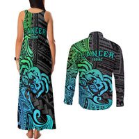 Zodiac Cancer Couples Matching Tank Maxi Dress and Long Sleeve Button Shirts Polynesian in Gradient Blue TS04 - Polynesian Pride