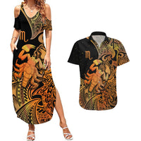 Zodiac Scorpio Couples Matching Summer Maxi Dress and Hawaiian Shirt Polynesian in Orange TS04 Orange - Polynesian Pride