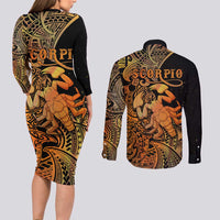 Zodiac Scorpio Couples Matching Long Sleeve Bodycon Dress and Long Sleeve Button Shirts Polynesian in Orange TS04