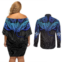 Polynesian Ray Pattern Couples Matching Off Shoulder Short Dress and Long Sleeve Button Shirt TS04 - Polynesian Pride