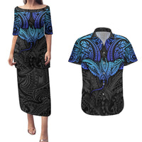 Polynesian Ray Pattern Couples Matching Puletasi Dress and Hawaiian Shirt TS04 Black/Blue - Polynesian Pride
