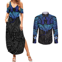Polynesian Ray Pattern Couples Matching Summer Maxi Dress and Long Sleeve Button Shirt TS04 Black/Blue - Polynesian Pride