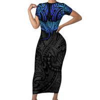 Polynesian Ray Pattern Family Matching Short Sleeve Bodycon Dress and Hawaiian Shirt TS04 Mom's Dress Black/Blue - Polynesian Pride