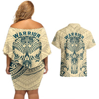 Polynesian Couples Matching Off Shoulder Short Dress and Hawaiian Shirt Warrior Skull with Tribal Patterns Tattoo Design TS04 - Polynesian Pride