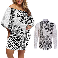 Hawaii Couples Matching Off Shoulder Short Dress and Long Sleeve Button Shirts with Polynesian Turtle TS04 Black/White - Polynesian Pride