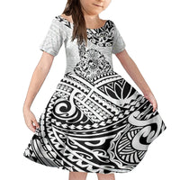 Hawaii Family Matching Long Sleeve Bodycon Dress and Hawaiian Shirt with Polynesian Turtle TS04 Daughter's Dress Black White - Polynesian Pride
