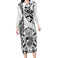 Hawaii Long Sleeve Bodycon Dress with Polynesian Turtle TS04 Long Dress Black White - Polynesian Pride