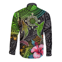 Polynesian Long Sleeve Button Shirt Whales and Compass Gradient Pattern TS04 - Polynesian Pride
