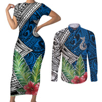 Polynesian Couples Matching Short Sleeve Bodycon Dress and Long Sleeve Button Shirts Whale Pattern and Hibiscus Flowers TS04 Multicolor - Polynesian Pride