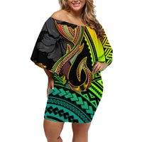 Hawaii Family Matching Off Shoulder Short Dress and Hawaiian Shirt Polynesian Fish Hook and Hibiscus Flowers with Gradient Pattern TS04 Mom's Dress Multicolor - Polynesian Pride