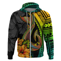 Hawaii Hoodie Polynesian Fish Hook and Hibiscus Flowers with Gradient Pattern TS04 Zip Hoodie Multicolor - Polynesian Pride