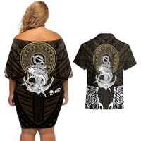 Polynesian Swordfish Couples Matching Off Shoulder Short Dress and Hawaiian Shirt with Anchor Pattern and Tribal Turtle TS04 Multicolor - Polynesian Pride