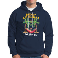Christmas In Hawaii Hoodie Meowy Kalikimaka Cat Chillin' Ho Ho Ho Xmas Palm Tree TS09 Navy - Polynesian Pride