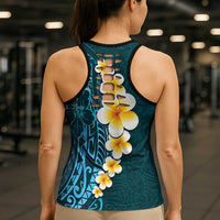 Turquosie Polynesia Hollow Tank Top Plumeria Tropical Leaves Galaxy Polynesian Art - Polynesian Pride