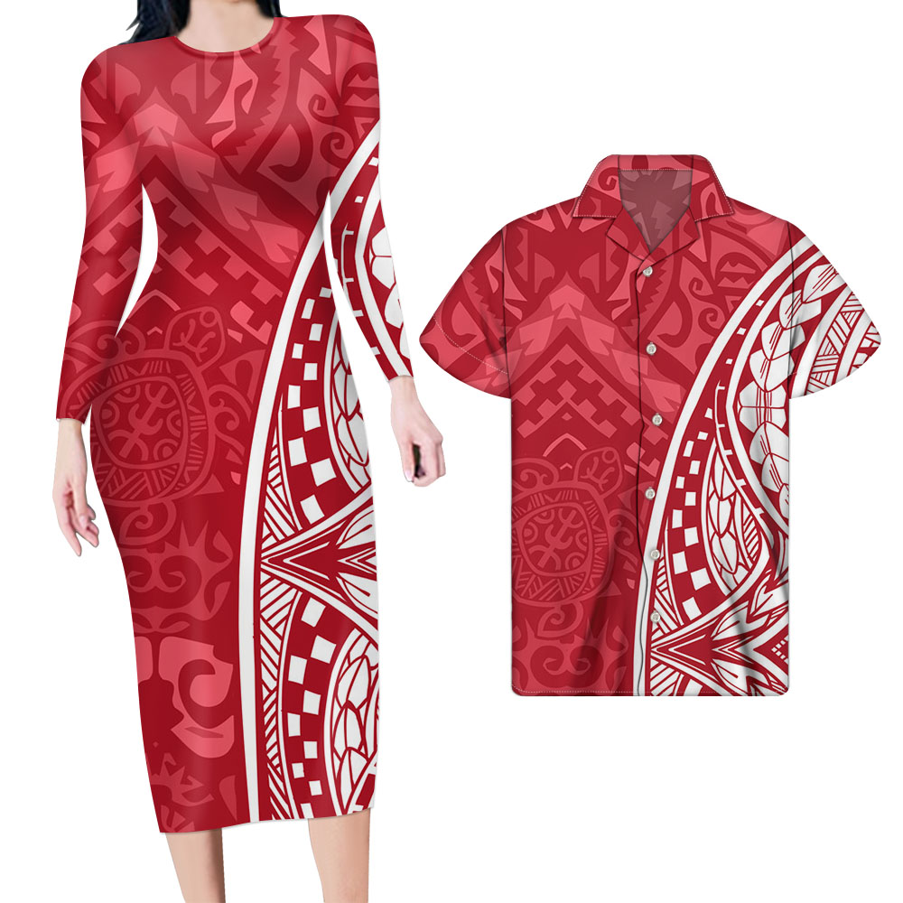 Polynesian Pride Hawaii Matching Outfit For Couples Red Curve Style Bodycon Dress And Hawaii Shirt - Polynesian Pride