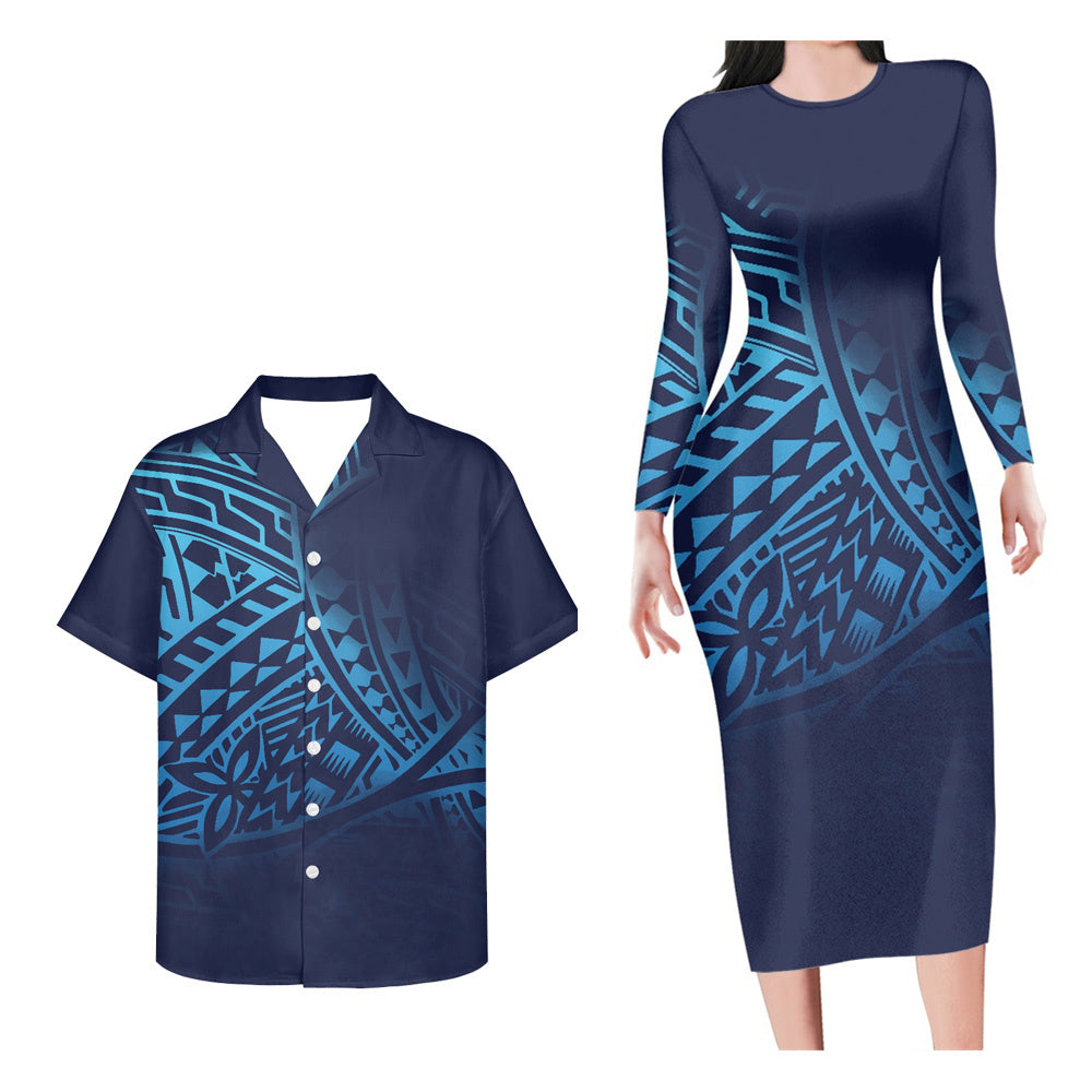 Polynesian Pride Hawaii Matching Clothes For Couples Polynesian Tribal Pattern Blue Bodycon Dress And Hawaii Shirt - Polynesian Pride