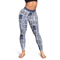 Vintage Aloha Block Quilt Leggings Blue Inspired Lei Motifs - Polynesian Pride