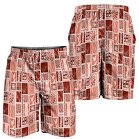 Vintage Aloha Block Quilt Shorts for Men Red Inspired Lei Motifs - Polynesian Pride