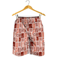 Vintage Aloha Block Quilt Shorts for Men Red Inspired Lei Motifs - Polynesian Pride